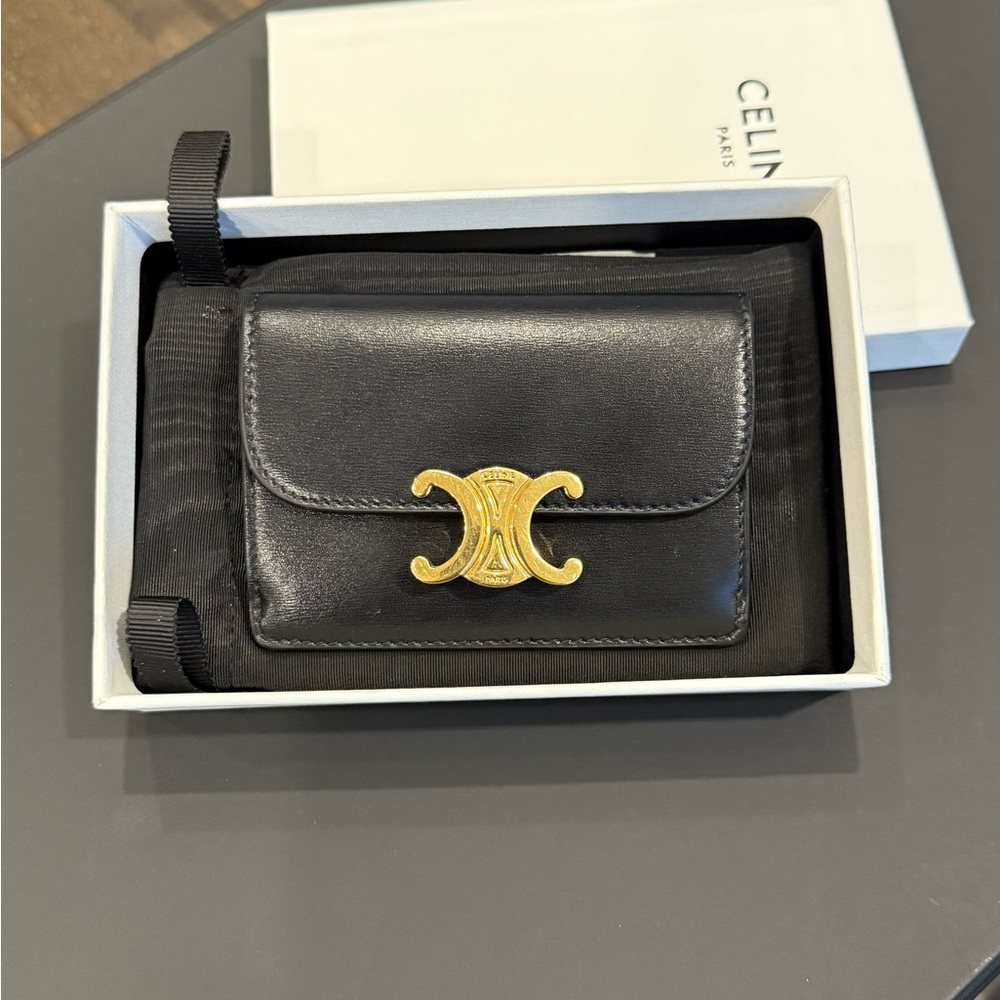 Celine Black Leather Card Holder with Gold Accent